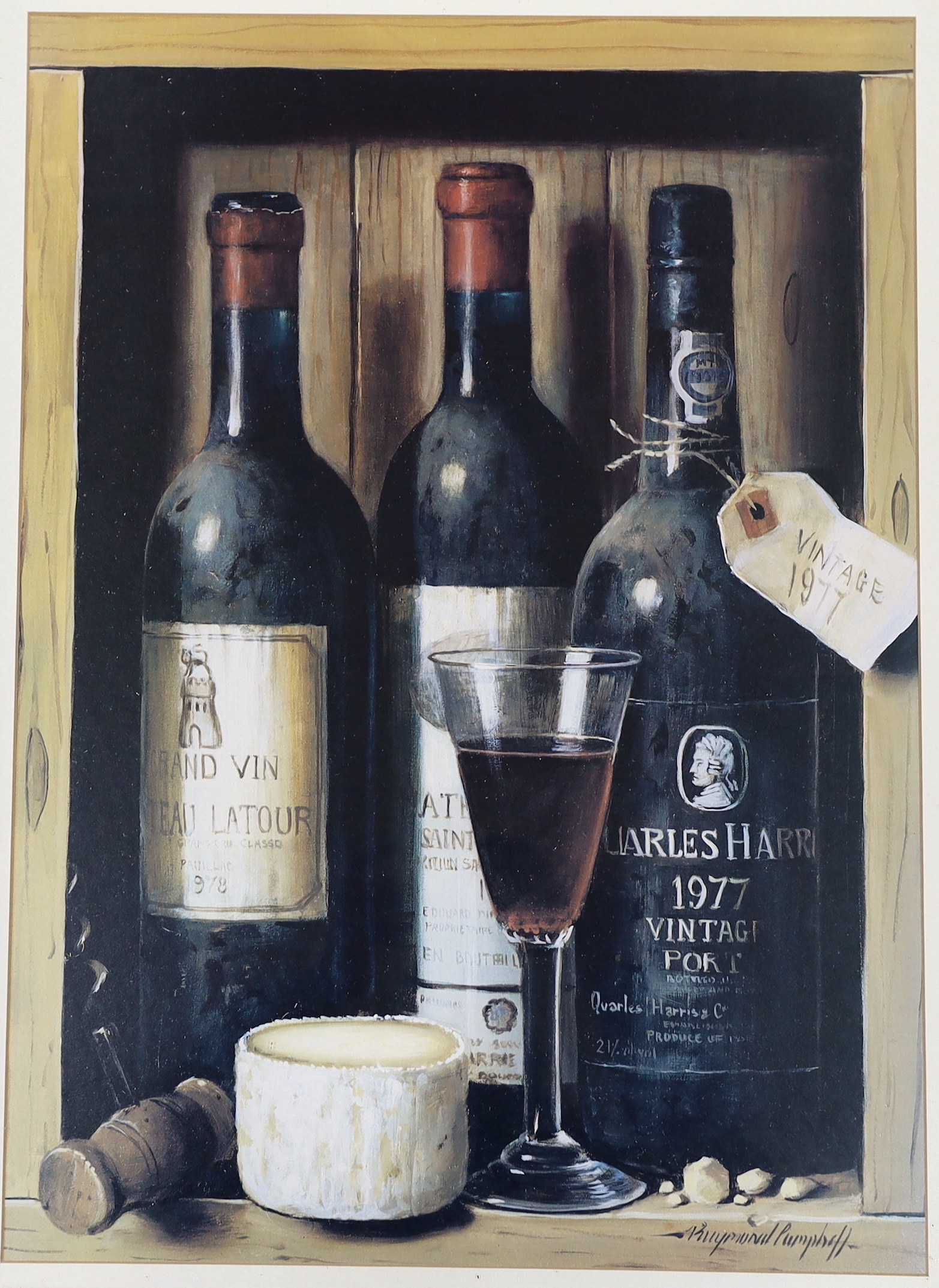 Raymond Campbell (b.1956), set of three colour prints, Still lifes of wine and port, housed in pine frames, 59 x 44cm